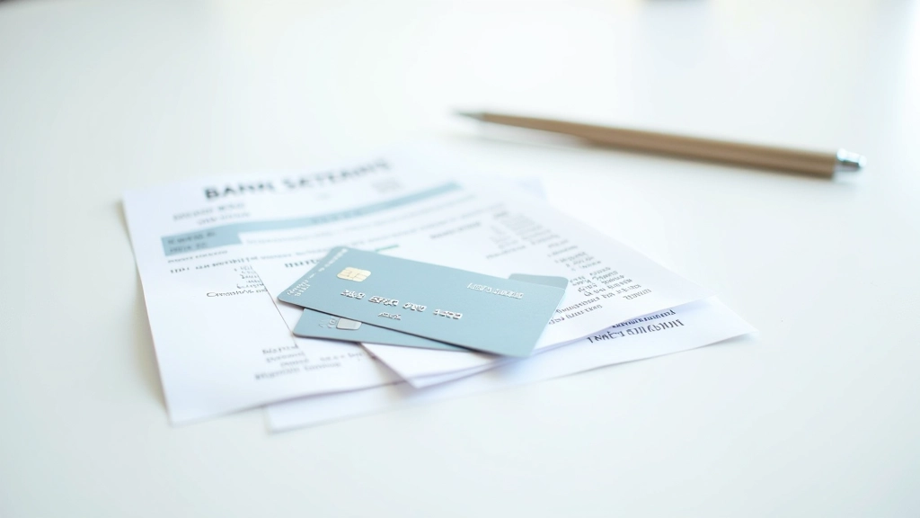 Bank statement and debit card arranged on white surface with pen