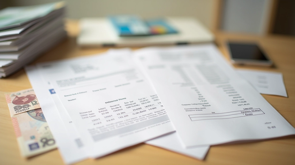 Stacks of Hong Kong dollar notes with bank cards and financial documents on desk, organized neatly with natural light