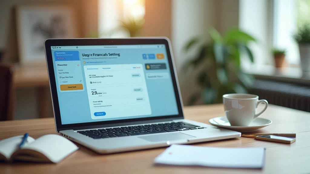 Laptop screen showing banking interface with automatic transfer settings and savings goal tracker