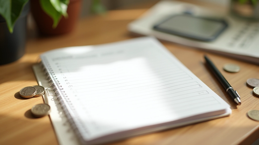 Monthly budget planner notebook with pen and coins on desk